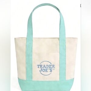 Trader Joe's RARE Mini Pastel Canvas Tote Bag, Green With Blue Logo